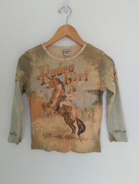 Vintage Y2K Skinny Minnie Rodeo Girl Rhinestone Graphic Long Sleeve Top Medium
